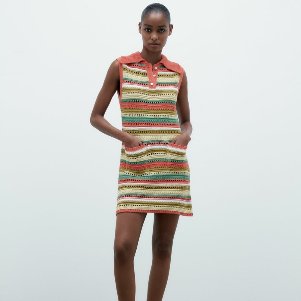 Zara Striped Crochet Mini Dress in Coral, Green, Yellow